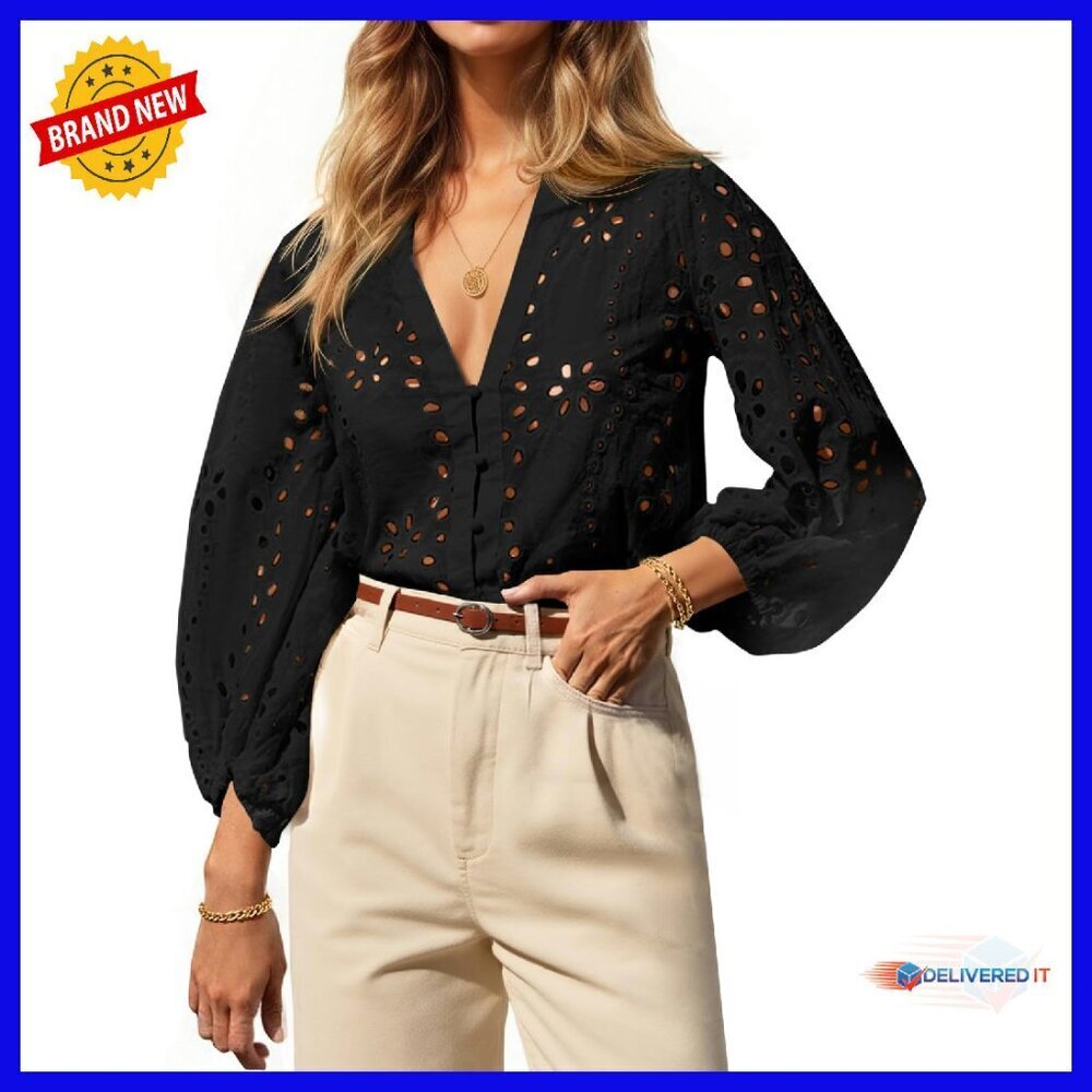 Women's Cotton Eyelet Blouse Deep V-Neck 3/4 Balloon Sleeve Button Down